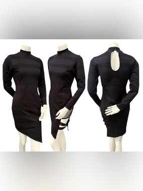 Black Bodycon Dress M Asymmetrical Hem Cutout Strappy Long Sleeve